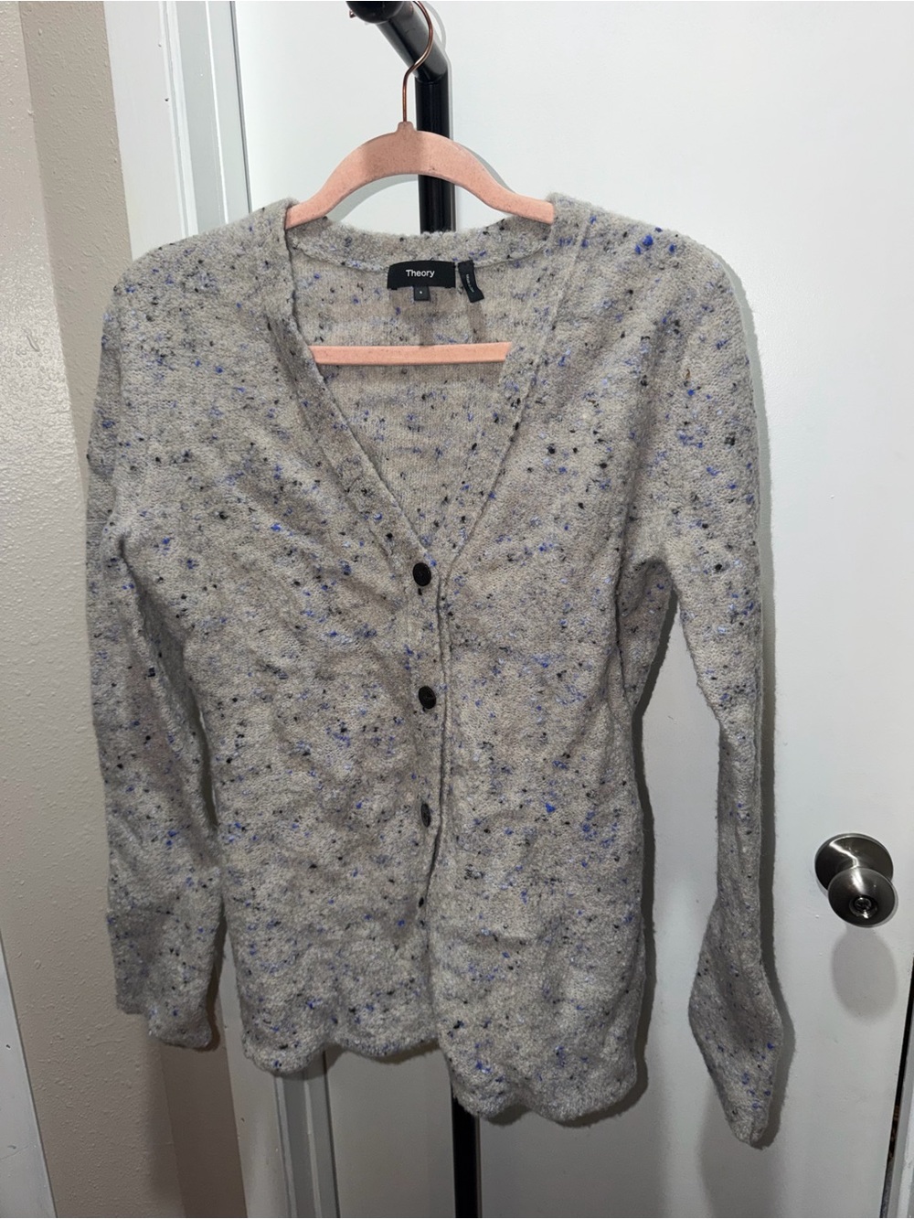 Theory Tweed Bouclé Merino Wool Cardigan Gray Blue Speckled Size Small